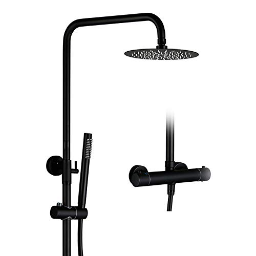 サーモスタットシャワーコンボセット 壁掛け式 マットブラック バスルームシャワー蛇口セット レインフォールシャワーヘッド付き 真鍮ハンドヘルドシャワー 10インチ,10 Inches