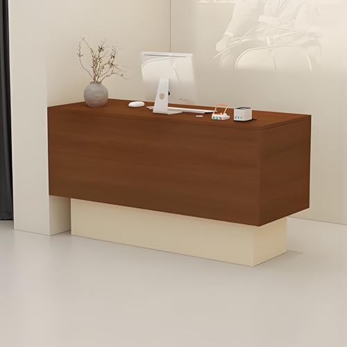 Biurko recepcyjne z zamykaną szufladą, kasa fiskalna do salonu holu biura biznesowego (orzech i krem 140 cm) stylowe i funkcjonalne rozwiązanie meblowe