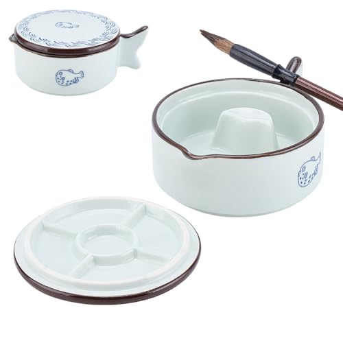 PH PandaHall Plat à Encre en Porcelaine Encrier de Calligraphie Chinoise en Forme de Poisson en Céramique avec Support pour Pinceaux pour la Pratique de la...