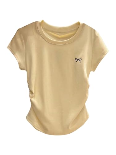 Verdusa Girl's Bowknot Basic T Shirts Short Sleeve Ruched Summer Y2k Going Out Tops