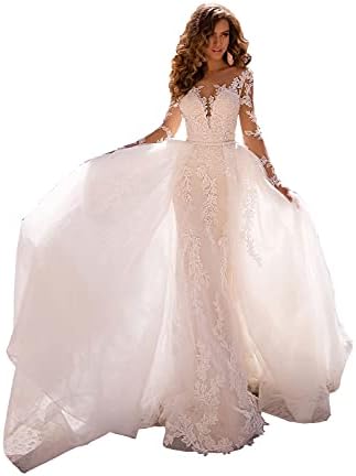 Stylefun Women's Mermaid Wedding Dresses with Detachable Train Long Sleeves Lace Beach Summer Bridal Gowns White 4