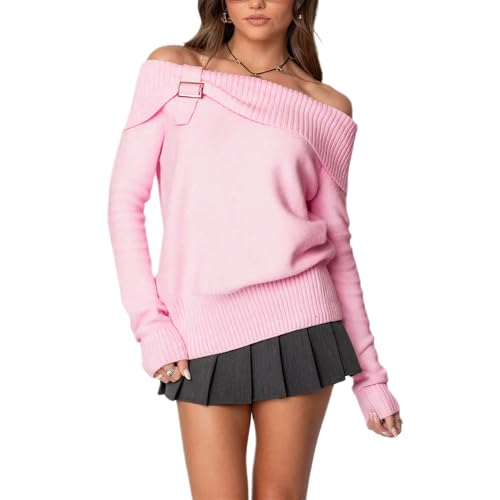 Image of Women Cute Off The Shoulder Sweater Sexy Long Sleeve Slouchy Knit Loose Fit Pullover Top Going Out Knitwear Jumper
