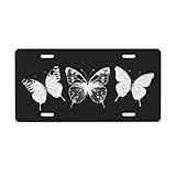 White Butterflies On Black License Plate, Decorative Car Front License Plate, Aluminum Novelty License Plates Vanity Tag Metal Car Plate for Women Men 6 X 12 Inch