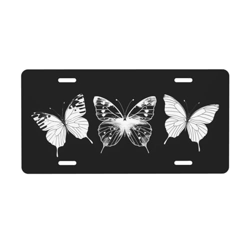 White Butterflies On Black License Plate, Decorative Car Front License Plate, Aluminum Novelty License Plates Vanity Tag Metal Car Plate for Women Men 6 X 12 Inch