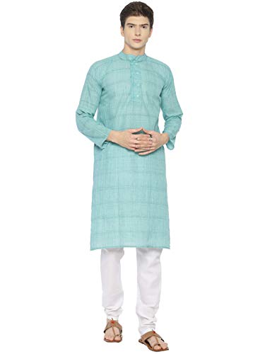PAROKSH Men's Teal Solid Handloom Cotton Dual Button Straight Khadi Kurta Large