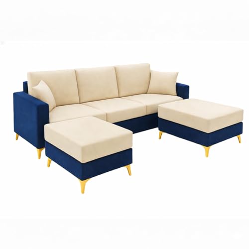 Image of Strike Dual Tone Plush 5 Seater L Shape Sofa Set with 2 Movable Ottomans| Flexible Layout | Silken Velvet Suede| Golden Metal Legs |for Living Rooms & Office Spaces (Dark Blue & Cream)