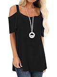 AlittleCute Oberteile Damen Schulterfrei Tunika Bluse Kurzarm Shirt V Ausschnitte Lässig T Shirt (Schwarz,Large,China,L)