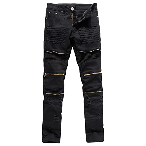 Men's Skinny Slim Moto Biker Jeans Classic Ripped Zipper Denim Pants Hip Hop Distressed Stretchy Jean Trousers