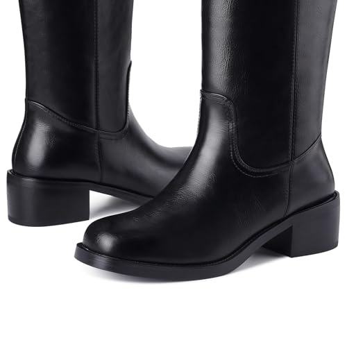 Image of Gothictor Women's Banana Knee High Boots Square Toe Chunky Block Heel Comfortable Low Heel Pull on Wide Calf Riding Long Boots for Women