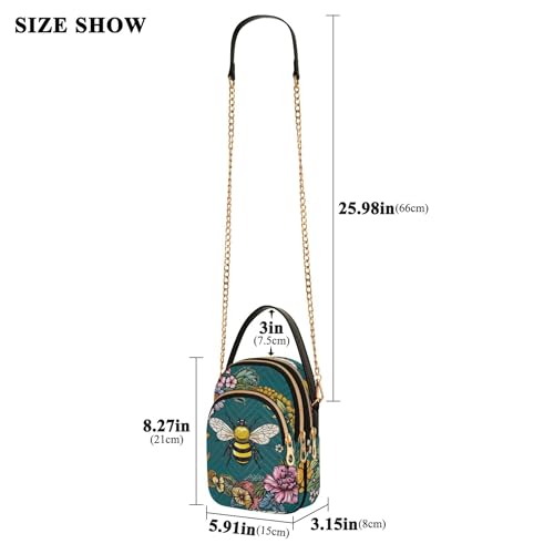 Womens Shoulder Handbag Vintage Bee Floral Dark Green Quilted Chain Strap Cell Phone Purse Cute Zipper Designer Bowler Tote, 5.9" × 8.3" × 3.1"3