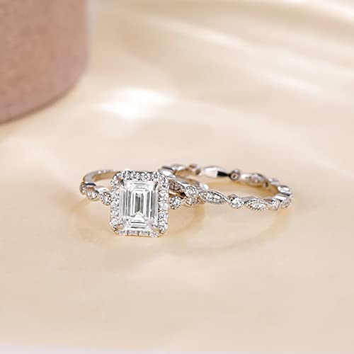 EAMTI 2CT 925 Sterling Silver Bridal Ring Sets Emerald Cut CZ Engagement Vintage Promise Rings Marquise Wedding Bands for Women Size 3-124