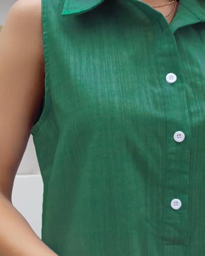 Image of Women Sleeveless Mini Dress Button Down Shirt Dress V Neck Reffle Hem Cotton Linen Tunic Short Dress