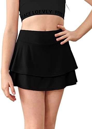 Aurgelmir Girls Pleated Tennis Skirt with Pockets Shorts High Waisted Athletic Golf Skorts Kids Skirts for Casual School Black