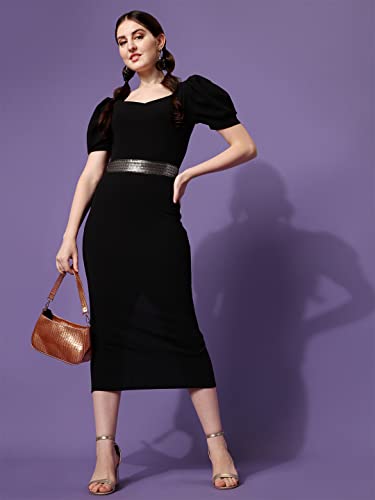 Image of Sheetal Associates Women's Puff Sleeves Sweetheart NeckSlit Bodycon Casual Midi Dress