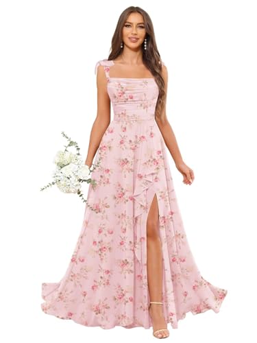 POMUYOO Spaghetti Strap Bridesmaid Dresses Pink Floral Long Chiffon Pleated Ruched Elegant Formal...