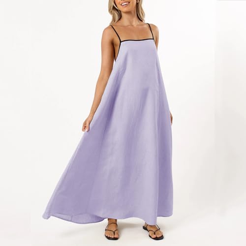 Image of Senllen Women's Linen Dress Summer Loose Flowy Sundress Contrast Spaghetti Strap Sleeveless Backless Beach Maxi Long Dresses