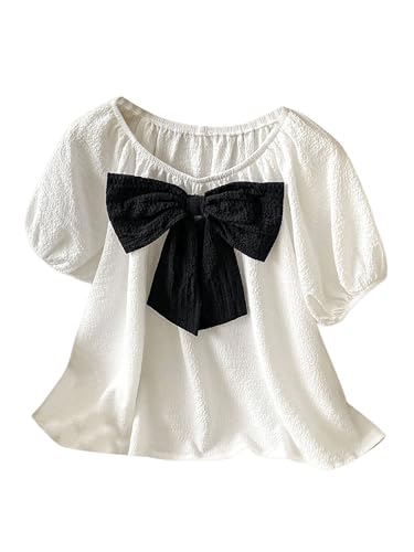 Image of SweatyRocks Girl's Short Sleeve Shirts Summer Crewneck Tops Casual Cute Bow Puff Sleeve Blouses Black and White 9Y