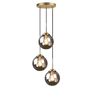 MZStech Industriel Rétro Loft 3 Voies Suspension, Cluster Lustre Suspendu Lampe Luminaire En Laiton Raccords avec Verre Globe abat-jour (Gris)