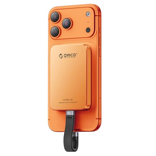Image of ORICO 1TB Magnetic External SSD, Aluminum Alloy, Up to 460MB /s, External Solid State Drive, Expand Storage for iPhone 17 Pro Max, Compatible w /MagSafe, USB-C Smartphones - K5MINI Orange