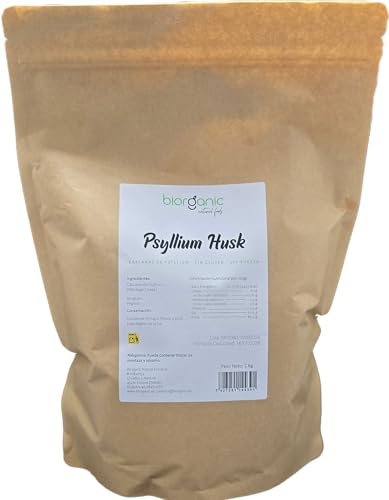 Biorganic Psyllium Husk 100% natural, 1Kg. Cáscaras de psyllium indio (plantago ovata), rico en fibra y vegano. Saciante. Mejora el tracto intestinal. Marca española.