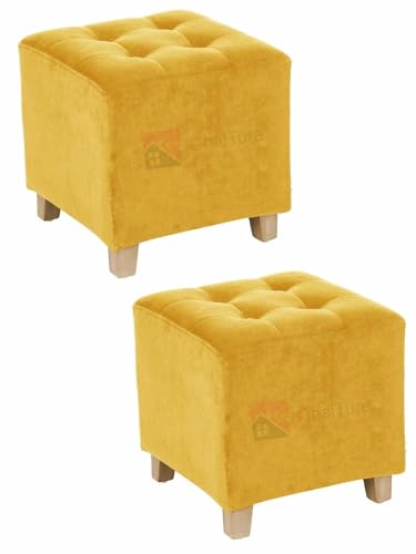 Image of Pouffes Bench Seating Stool for Living Room Office Patio Kitchen Bench Puffy Wooden Mudda Ottoman Stools Set of 2 Footrest Stool Pouf.(Yellow)