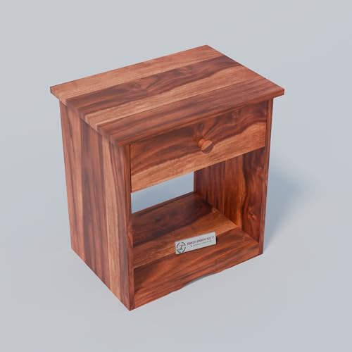 Image of Jangid Handicraft Solid Sheesham Wood Bedside Table with Drawer | Nightstand for Bedroom, Living Room & Home Decor | Wooden Side Table with Storage Shelf & Drawer, Natural Finish