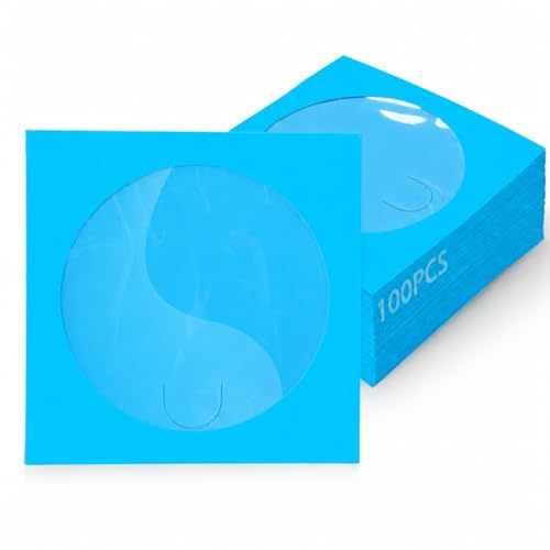 GeeRic CD Sleeve Cases, CD/DVD Paper Media Sleeve Envelopes, 100 Pack Clear Window and Rear Flap, 120GSM 5 Inch Blue
