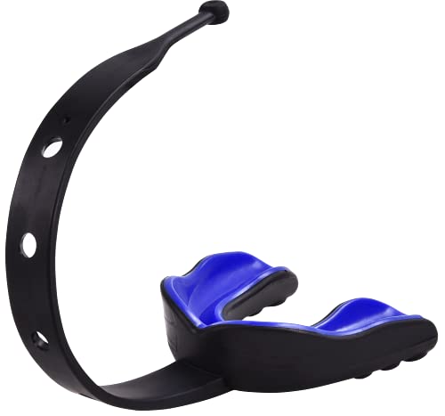 Image of Oral Mart Black /Blue Mouth Guard with Fixed Strap for Football, Ice Hockey, Lacrosse, Taekwondo (with Free Case) (Adult, Strapped)