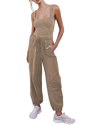 Image of Outfeel Women's Sleeveless Summer Jumpsuit Square Neck Drawstring Waist Long Romper Jumpers 2025 with Pockets