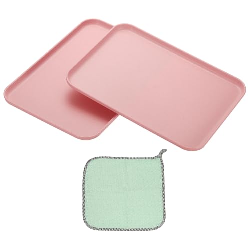 PATIKIL 12x8.7 Plastic Tray, 2 Pack Rectangular Plates Small Food Tray Wheat Plates Dishes Reusable Dessert Plate Trays with Cloth for Cake Fruits Salad Cupcake Steak Serving Pink