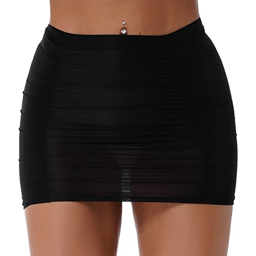 Hedmy Women's Sheer Ultra See Through Low Waist Ruched Micro Mini Skirts Pencil Skirt Bodycon Dress3