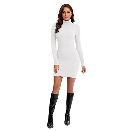 Avancel Stickad klänning för kvinnor, vinterklänning, långärmad tröjklänningar, knälång, elegant polokrage, höstklänning, Vit, L