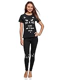 oodji Ultra Damen Schlafanzug aus Baumwolle mit Druck, Schwarz, DE 34 / EU 36 / XS