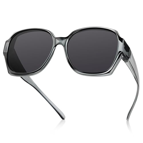 Br'Guras Polarized Sunglasses Fit Over Glasses Sunglasses for Women Men, Trendy Square Fit Over Glasses Lightweight((Transparent grey, Black)