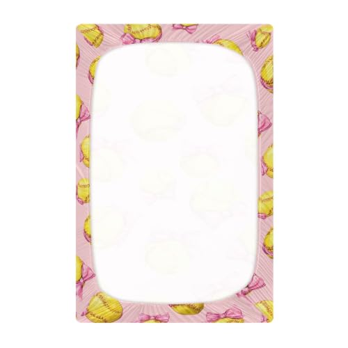 Image of Bow Softballs Baseball Crib Sheets Soft Breathable Fitted Baby Crib Sheets Mattress Cover for Girls Boys, 52 inch x 28 inch x 9 inch