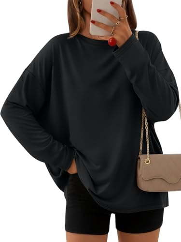AUTOMET Women's Oversized Long Sleeve Shirts Fall Trendy Tops Tee Fashion Gym Baggy Basic Casual Loose Fit Workout Y2k Clothes Black M