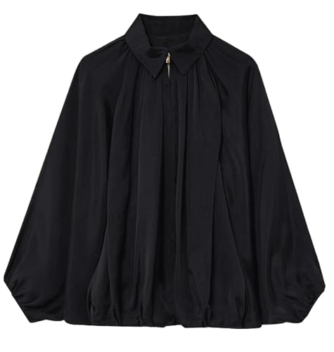 Women’s Oversized Bomber Jacket Batwing Sleeve Puffed Zip Up Lapel Collar Pleated Peplum Hem Coat Outerwear4