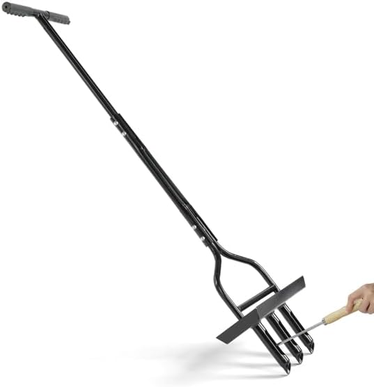 43in Manual Lawn Aerator with Soil Core Tray, 3‑Tine Grass Plug Coring Tool for Yard Garden Care, Heavy‑Duty Steel Aerator with Cleaning Stick Attachment, Relieves Soil Compaction & Boosts Turf Growth