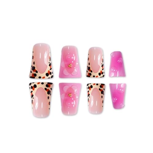 Image of NBNTGH Leopard Print French Tip Press On Nails Pink Fake Nails Medium Duck False Nails with Design Flower Glossy Stick On Nails for Women Reusable Artificial Acrylic Full Cover Manicure 24Pcs