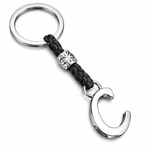 ASTER ALHELÍ - Llavero de Cuero con Iniciales Personalizado - Letras y abalorios de zamak Chapado en Plata - Llavero para Hombre o Mujer - Ideal para Regalo (C)