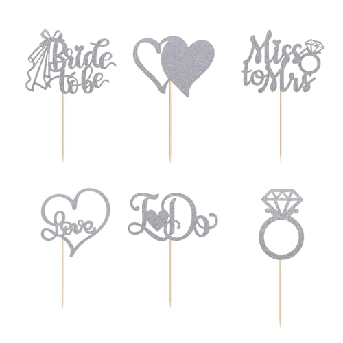 12Pcs Cupcake Toppers, Cake Toppers with Diamond Ring Bride, 3D Heart Wedding Dress Cupcake Topper for Bridal Shower Wedding Engagement Bachelorette Party Cake Decorations Supplies, Silver