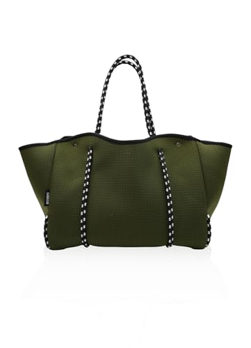 SURQO Neoprene Tote Bag for Women Large Travel Beach Bag with Detachable Pouch (Olive Green Medium)