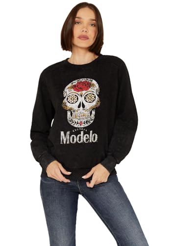 Image of Changes Modelo Especial Sugar Skull Logo Women's Crew Sweatshirt (UK, Alpha, XXL, Regular, Regular) Black