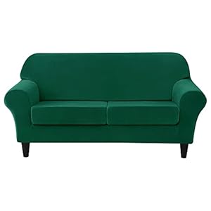 3 Pieces Sofa Slipcover Stretch Velvet Sofa Covers for 2 Cushion Couch Loveseat Covers Soft Couch Cover with Elastic Bottom Non Slip Furniture Protector for Pets Kids (Green, Medium)