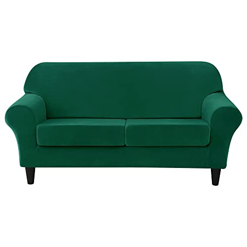 3 Pieces Sofa Slipcover Stretch Velvet Sofa Covers for 2 Cushion Couch Loveseat Covers Soft Couch Cover with Elastic Bottom Non Slip Furniture Protector for Pets Kids (Green, Medium)