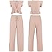 FANCYINN 2 Pieces Summer Outfits for Women Deep V Neck Crop Top Side Slit Drawstring Wide Leg Pants Sets Jumpsuits Pink M