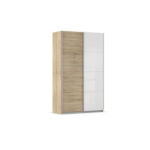 Rauch Möbel Quadra, Kleiderschrank mit Schiebetüren, Schwebetürenschrank für Schlafzimmer, Garderobe 2-türig, inkl. 4 Einlegeböden und 2 Kleiderstangen, Farbe Eiche Sonoma/Glas Weiß, Breite 136 cm