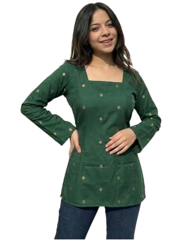 Image of ANNI Designer Women's Viscose Blend Printed Short Kurti | Straight Fit Ethnic Top with Square Neck | Bell Sleeve Indian Kurta for Office College, Party