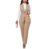 Kafiloe Pant Suits for Women Dressy Belted Sleeveless Vest Blazer Sets 2 Piece Business Casual Outfit Khaki L