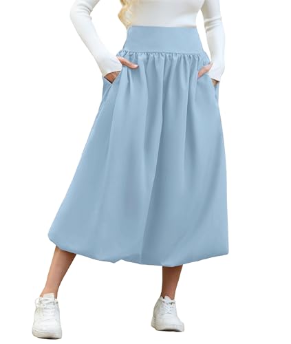 Women's Bubble Long Skirt Elastic Waist A-Line Pleated Ruffle Flowy Balloon Maxi Skirts with Pockets